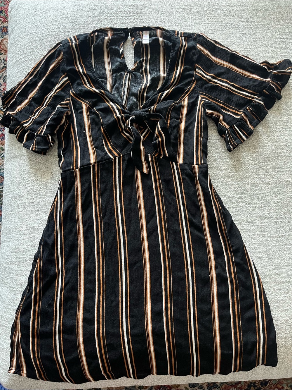 Xhilaration Black Dress with Tan and Cream Stripes, Tie-Front